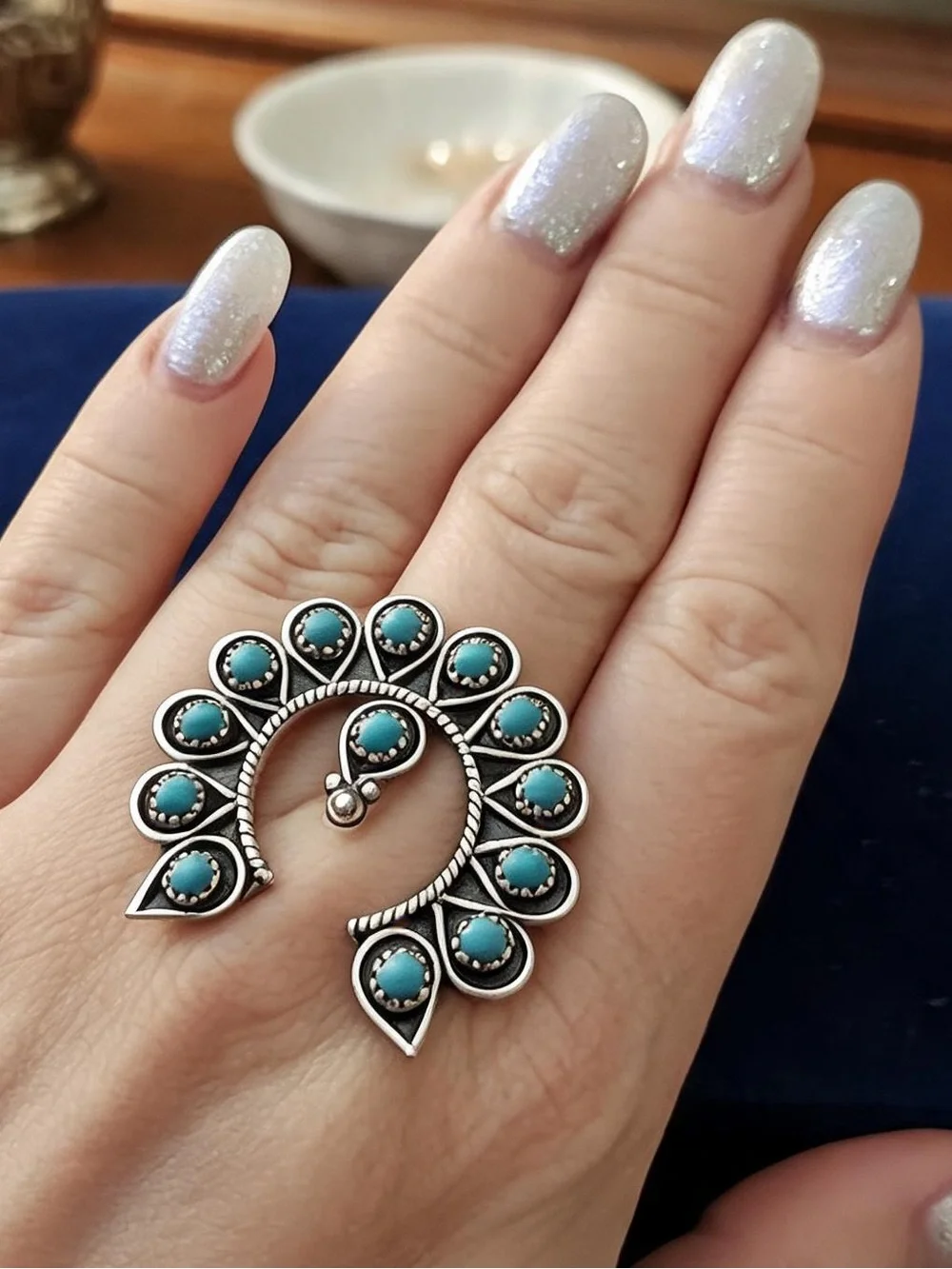 Turquoise Cluster Squash‎ Blossom statement, ring, - Sterling Silver
